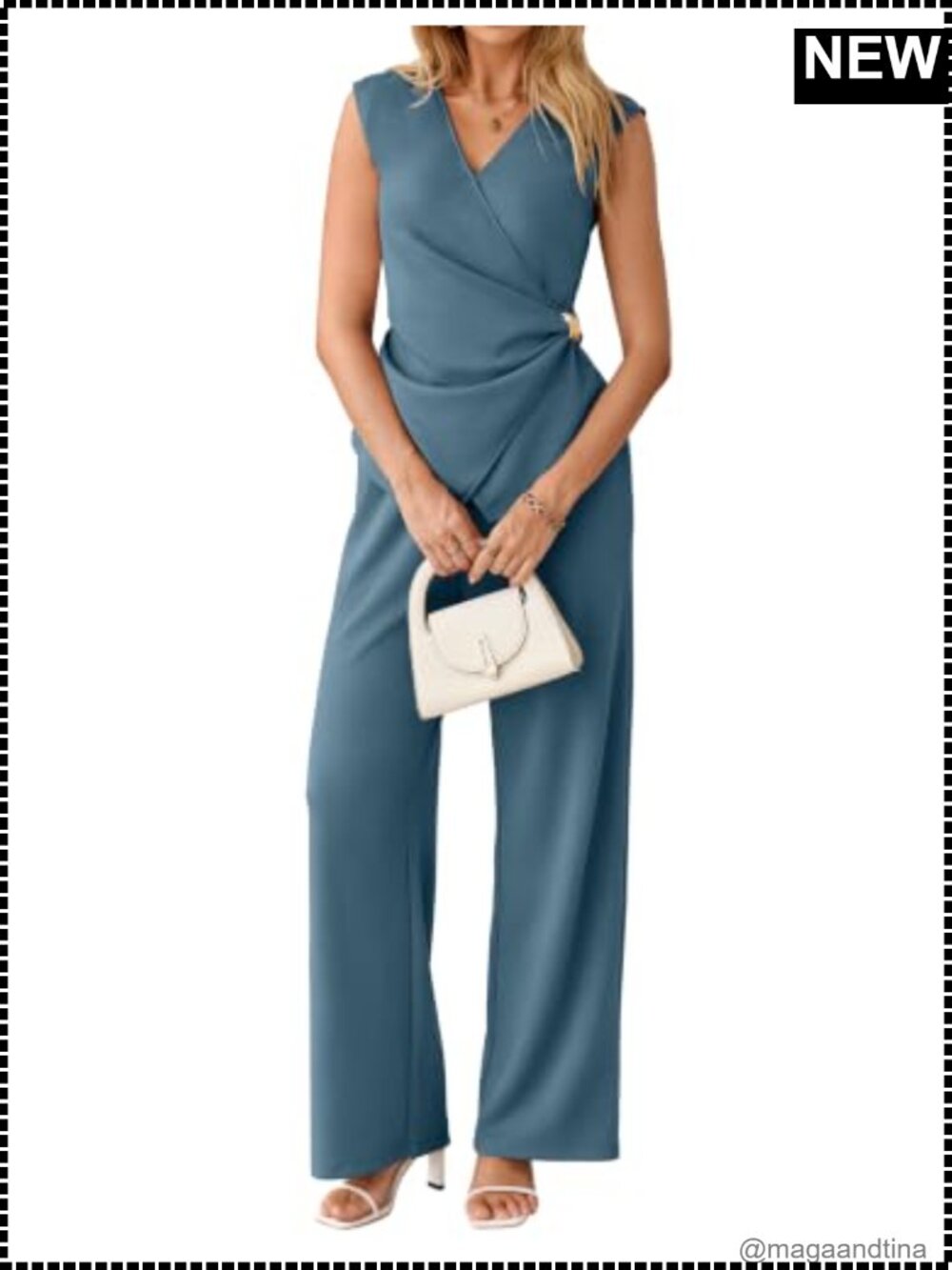 Women's 2 Piece V Neck Wrap Ruched Top & Wide Leg Pants Set Business Casual